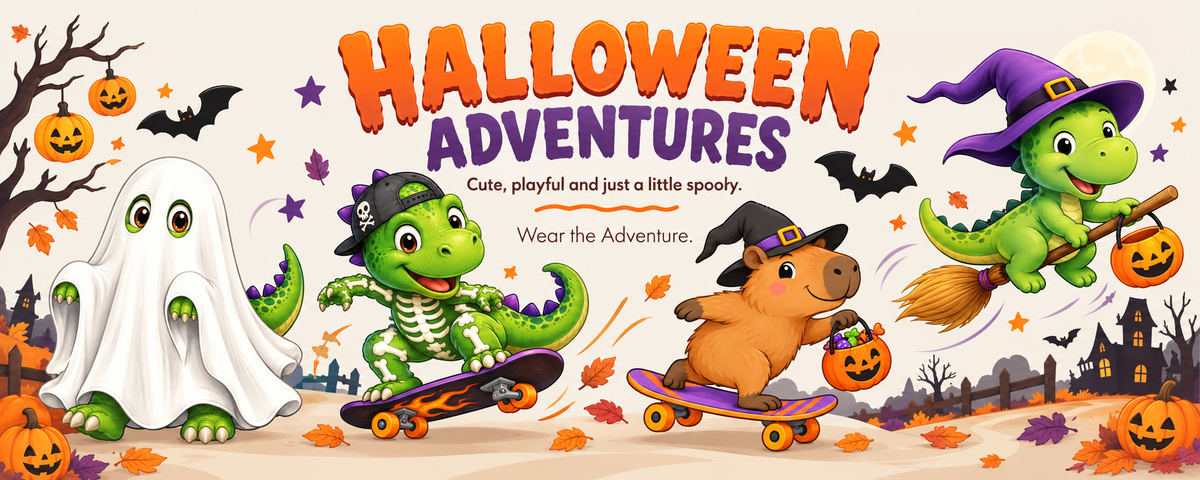 Halloween Adventures – cute dinosaurs and a capybara in Halloween costumes skateboarding and flying on a broom