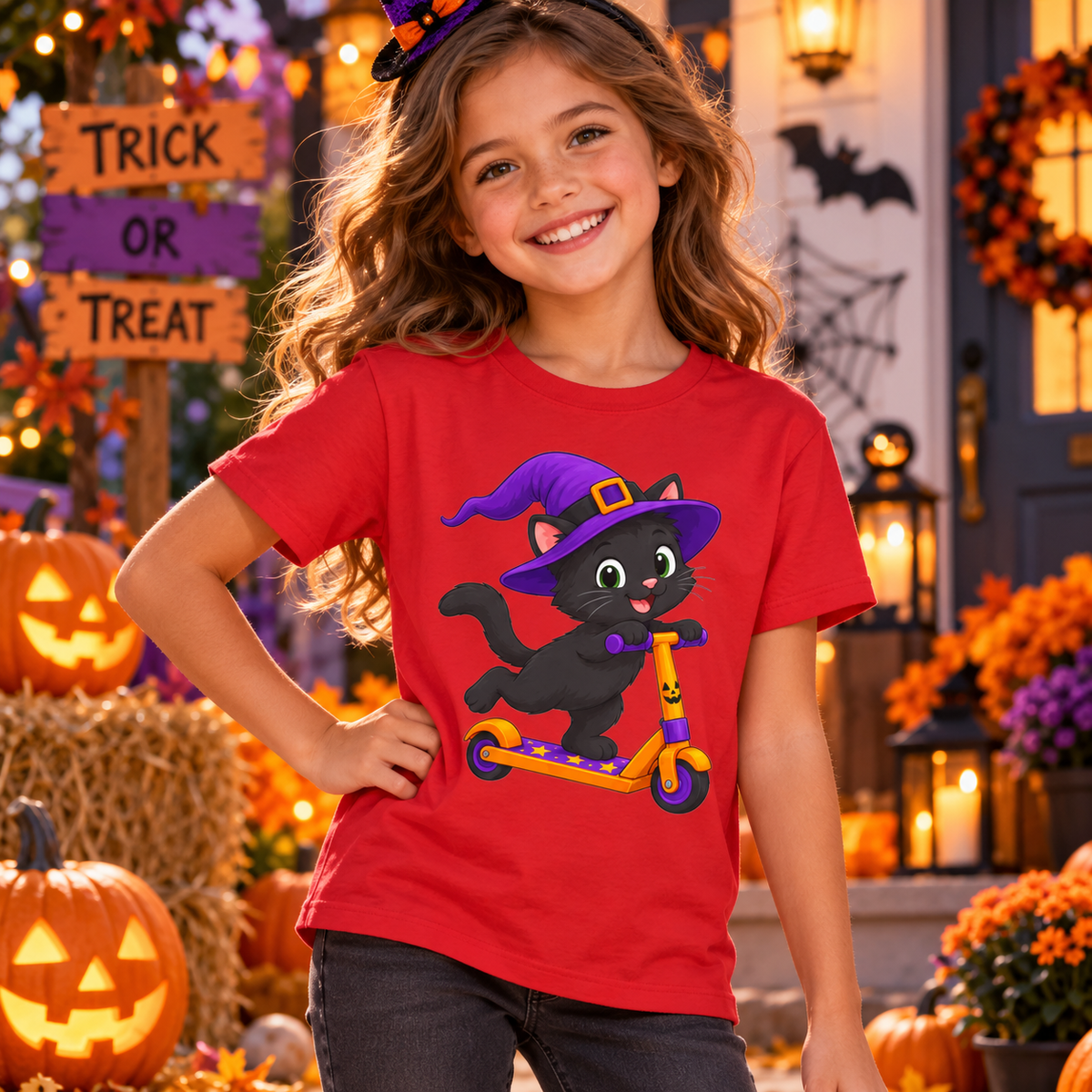 Kids Black Cat Scooter Halloween T-Shirt