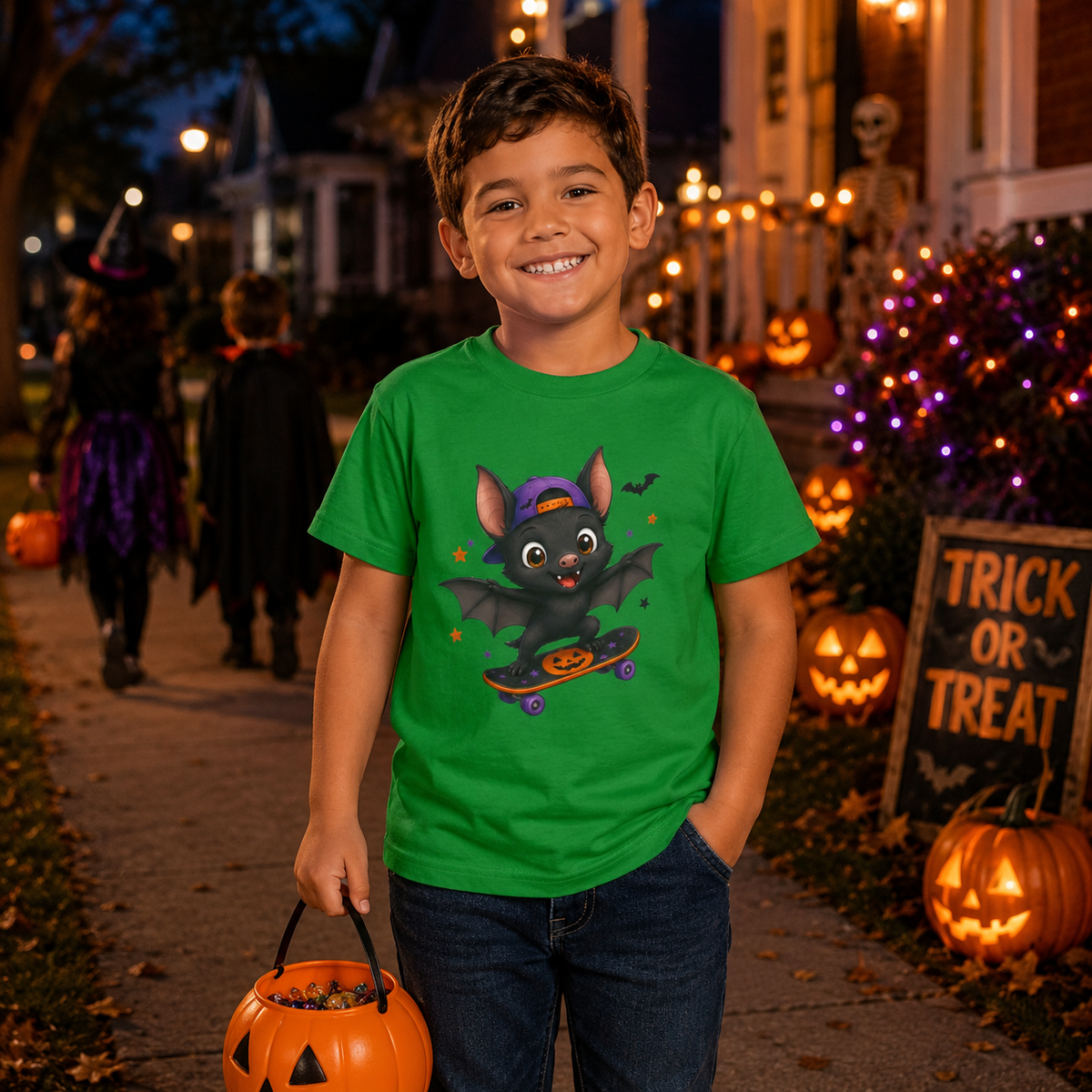 Kids Skateboarding Bat Halloween T-Shirt