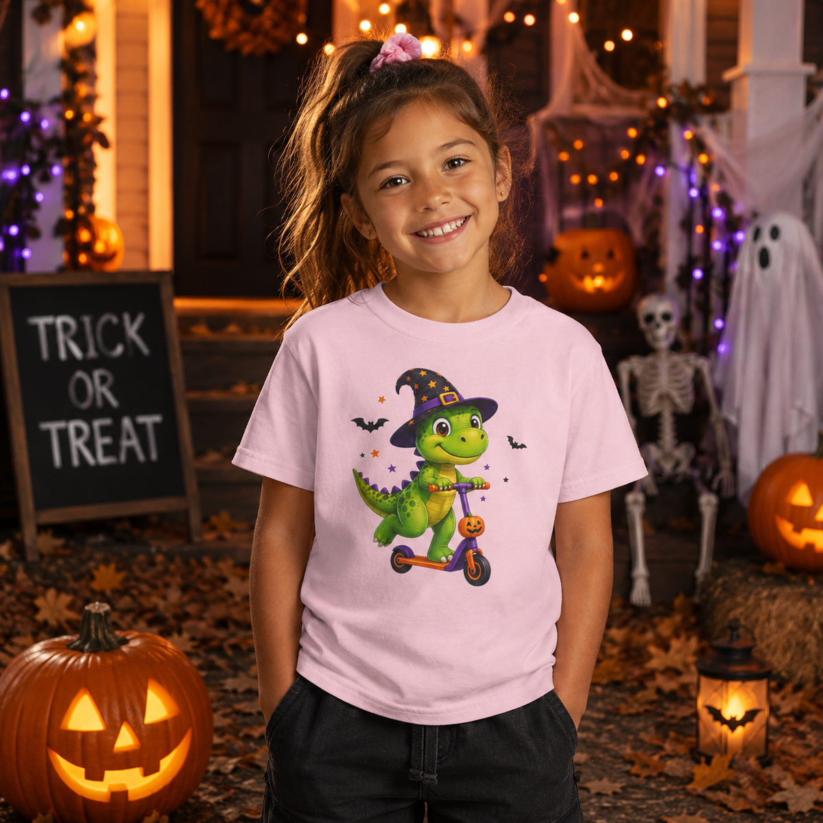 Kids Witch Dinosaur Scooter Halloween T-Shirt