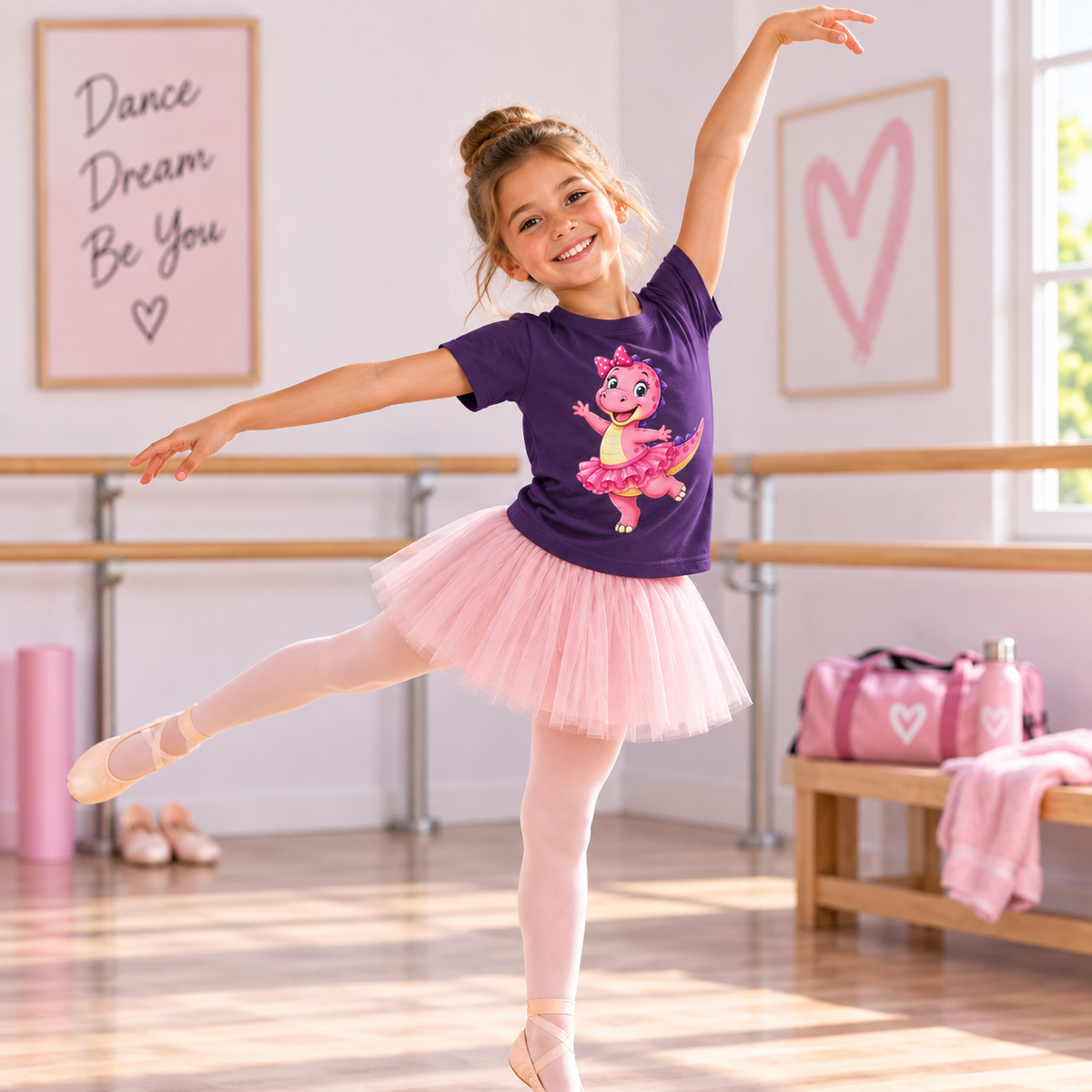 Kids Dinosaur Pink Ballerina T-Shirt