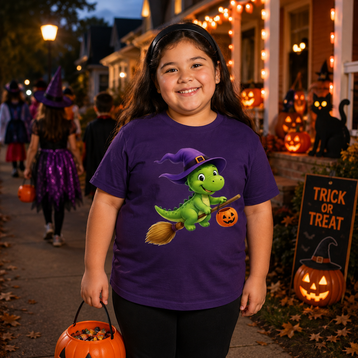 Kids Witch Dinosaur Halloween T-Shirt AU