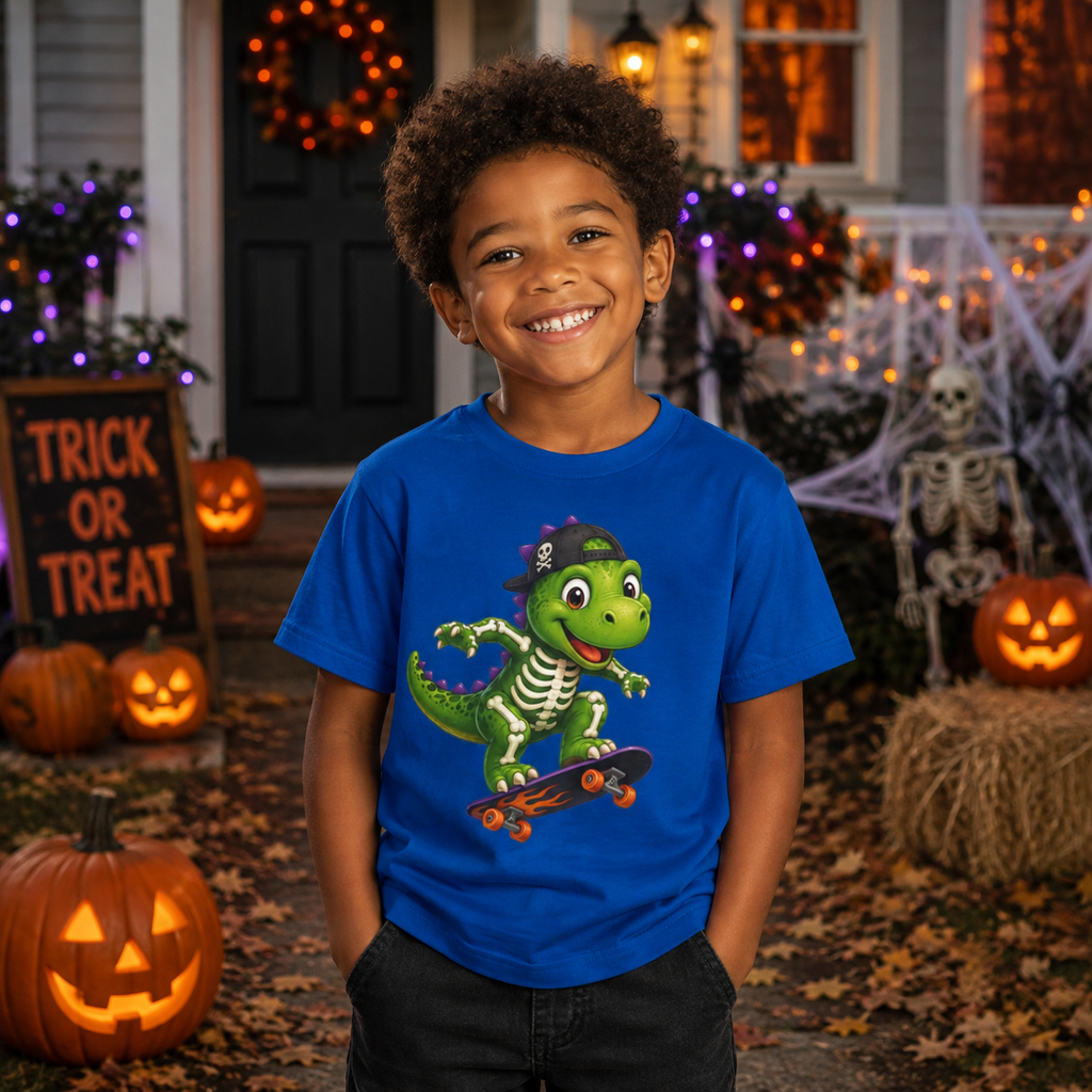 Kids Skeleton Dinosaur Skateboard T-Shirt